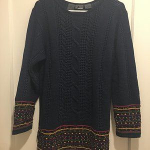 Festive LizWear sweater, dark blue with multicolored beads and stitching, size S